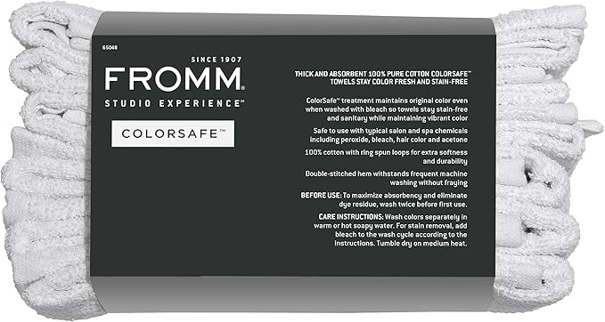 Fromm ColorSafe 100% Cotton Bleach Proof Salon Hair Towels for Hairstylists, Barbers, Spa, Gym in White, 16" by 29", 6 Count Absorbent Stain Resistant Towels for Drying Curly, Long, Wavy Hair