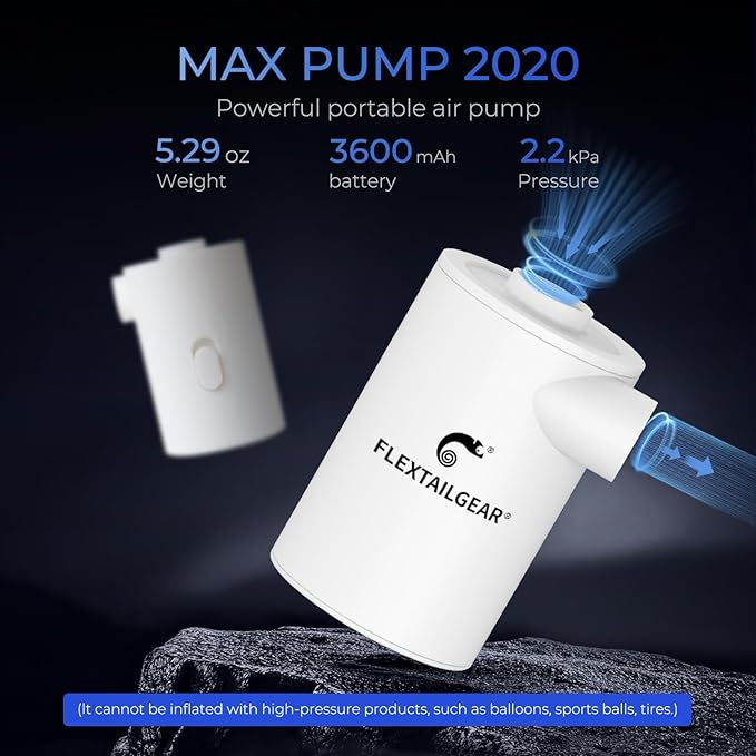 FLEXTAILGEAR MAX Pump 2020 Portable Air Pump with 3600mAH Battery USB Rechargeable Air Pump-Quick Inflate Deflate for Sleeping Pads, Air Mattress, Pool Toys, Floats, Swimming Ring, Air Bed (White)