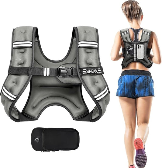 BAGAIL Weighted Vest, 5lbs/8lbs/10lbs/12lbs/15lbs/20lbs/25lbs/30lbs Weight Vest with Detachable Phone Pouch, Rucking Vest for Women, Men, Walking, Weight Loss, Training, Running