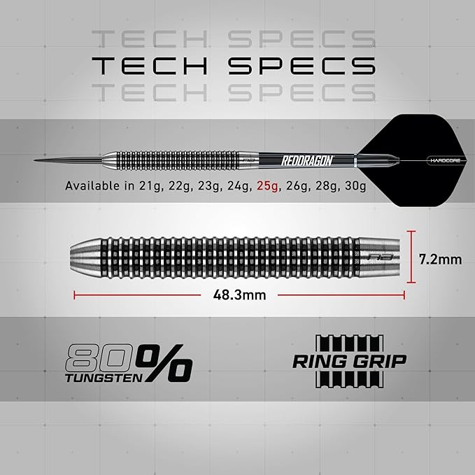 RED DRAGON Pegasus Professional Tungsten Steeltip Darts Set Available in 21, 23, 24, 25, 26, 28, 30 Gram with Flights, Stems (Shafts) and Wallet