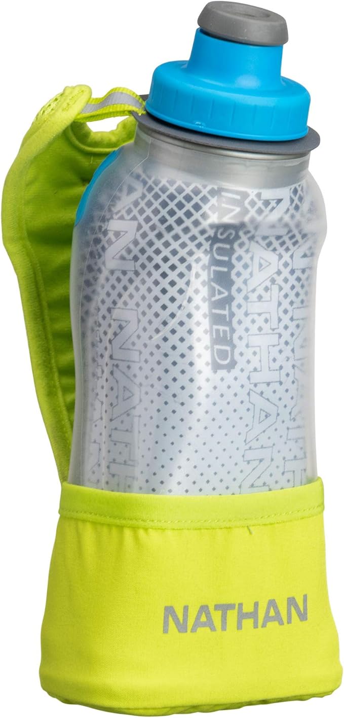 Nathan Running Handheld Water Bottle Adjustable No-Grip Quick Squeeze Lite Hand Strap. 12 oz Insulated Water Bottle. Reflective Hydration