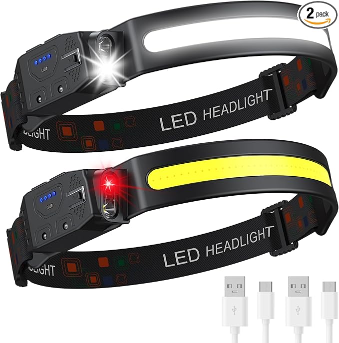 Headlamp Rechargeable 2PCS, 230° Wide Beam High Lumen LED Head Lamp for Adults, Motion Sensor Hard Hat Head Lights for Forehead,6Mode Headlight Flashlight for Camping Fishing Hiking Gear
