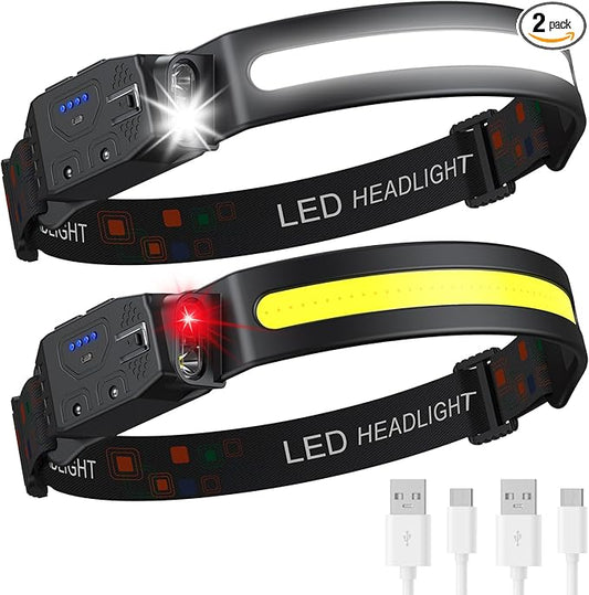 Headlamp Rechargeable 2PCS, 230° Wide Beam High Lumen LED Head Lamp for Adults, Motion Sensor Hard Hat Head Lights for Forehead,6Mode Headlight Flashlight for Camping Fishing Hiking Gear
