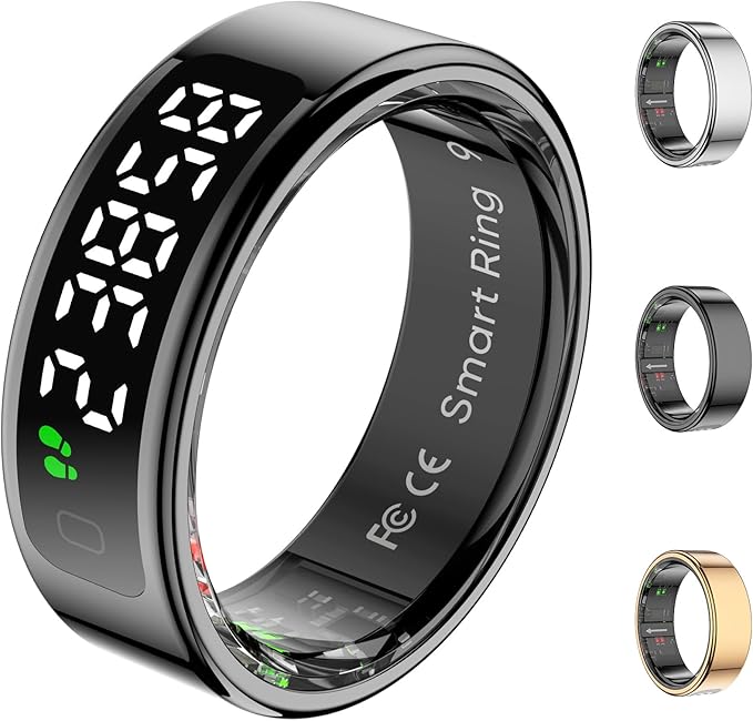Smart Rings for Men with Display Screen, Fitness Ring with Wireless Charging, Sleep Tracker Ring with Heart Rate, Health Rings for Activity Monitoring/Steps/Calories, for iOS Android (Black,11#)
