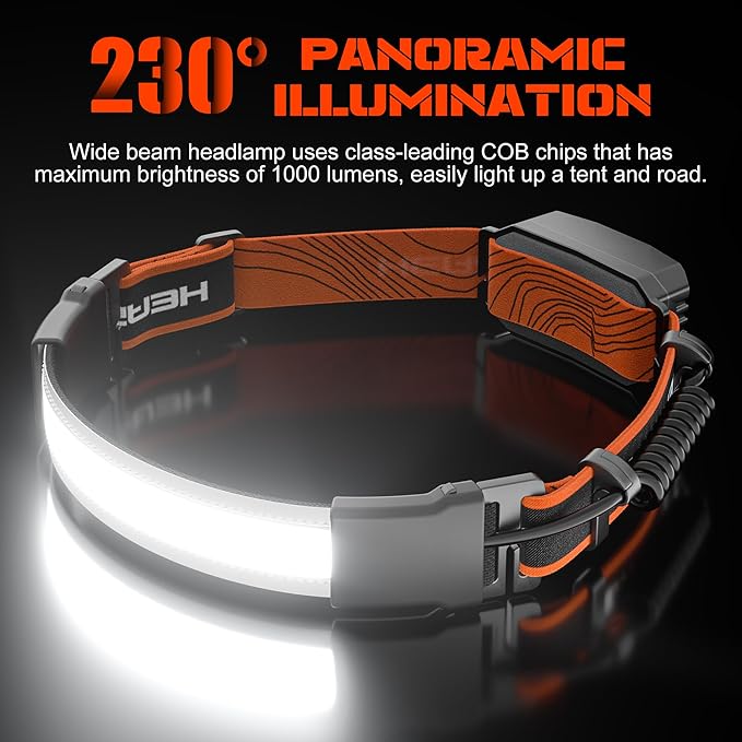 Rechargeable Headlamp, 230°Wide-Angle 1000 Lumens Headlamp Flashlight with Red Taillight 3 Light Modes Lightweight LED Head Lamp Adjustable Waterproof Head Light for Running Cycling (Black(2-Pack))