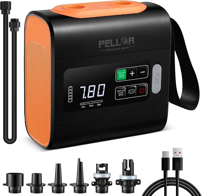 PELLOR Electric Paddle Board Pump, 22PSI High Pressure SUP Electric Air Pump,Intelligent Dual Stage Inflation & Deflation, Auto-Off Air Pump for Stand Up Paddle Boards, Kayaks,Mattress,Tents