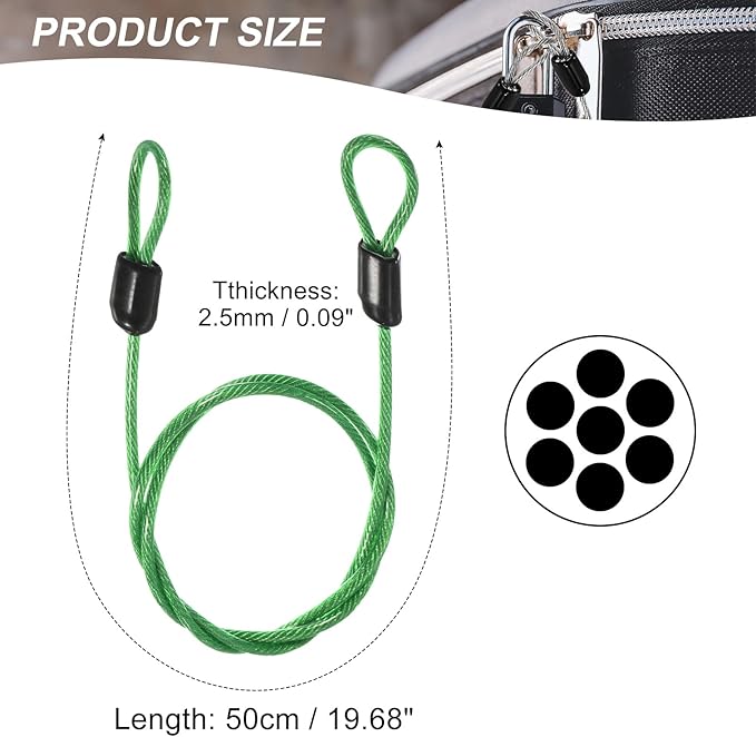 MECCANIXITY Security Steel Cable Lock, Safety Cable Flexible Wire Rope Luggage Lock 1.6feet 2.5mm Vinyl Coated Braided Steel with Double Loop for Bike Bicycle U-Lock Padlock Green