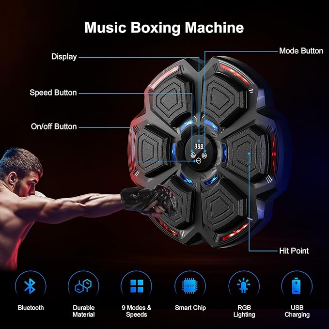 Music Boxing Machine, Smart Music Punching Machine for Adults Kids, Bluetooth Music Sync, Wall-Mounted Workout/Training Equipment with Boxing Gloves, Suitable for Home Gym Office Indoor Exercise