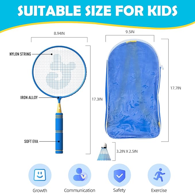 JOY SPOT! Kids Badminton Rackets Set with Soft Grip, Oversize & Lightweight Shuttlecocks Racquet with Carry Bag for Children Youth, 2 Player Sport Game for Indoor Outdoor Backyard