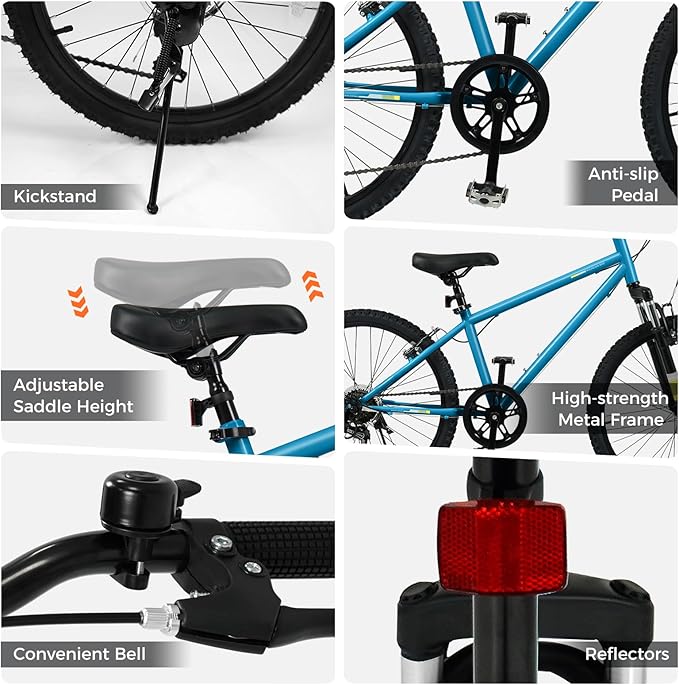 Goplus Mountain Bike, 20/24 Inch Kids Bicycle w/ 6-Speed Drivetrain, Suspension Fork, Dual Brakes, Adjustable Seat, Outdoor Cycling Children City Bike for Boys Girls