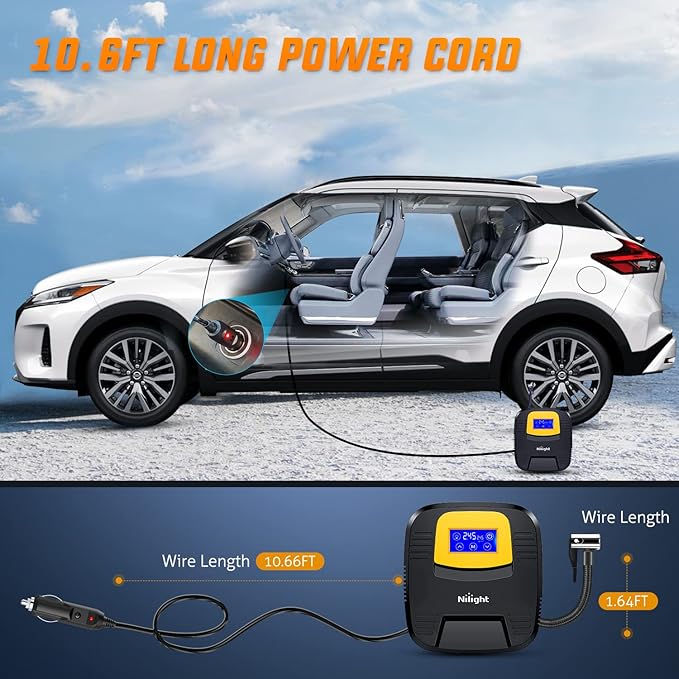 Nilight Tire Inflator Air Compressor Portable Pump for 12V DC Car Tires with Digital Pressure Gauge 150PSI Auto LED Light Cars ATVs Bicycles
