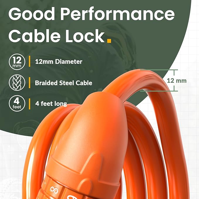 Titanker Bike Lock, Bicycle Lock 4 Feet Cable Lock 1/2 Inch Resettable Bike Lock Combination with Mounting Bracket, Bike Accessories for Bicycle, Electric Scooter, Motorcycle