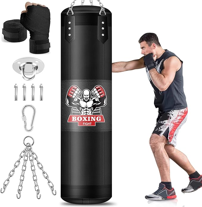 Punching Bag for Adults, 4FT PU Heavy Boxing Bags with Chain Ceiling Hook, Hanging Boxing Bag for Kickboxing Muay Thai Karate Judo Taekwondo Home Gym Training, Unfilled