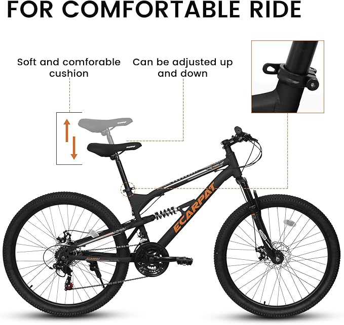 Mountain Bike 24 26 27.5 Inch, Dual Full Suspension Mens Womens Bike, 21 Speeds Dual Disc Brake Carbon Steel Bike, Boys Mens Mountain Bike for School Work Summer Camping, Birthday Gift Choice