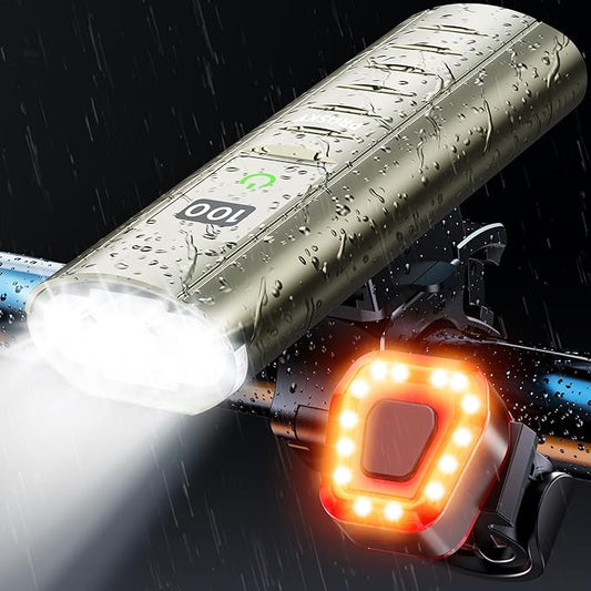 High Lumen Bike Light Set, Prasky Rechargeable Bicycle Lights Front and Rear, Super Bright LED Headlight, IP65 Waterproof Multiple Modes Road Mountain Bike Lights for Night Riding