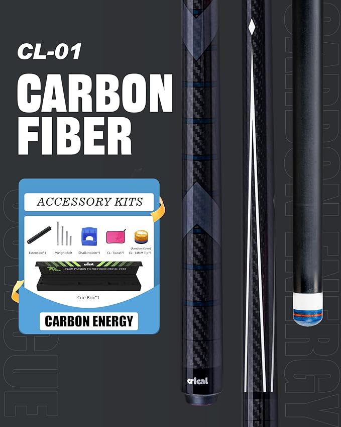CRICAL Carbon Fiber Pool Cue Stick 58" Billiard Cue Sticks Professional Low Deflection Pool Sticks with 3/8 * 8 Pin Joint and 12.5mm Tip