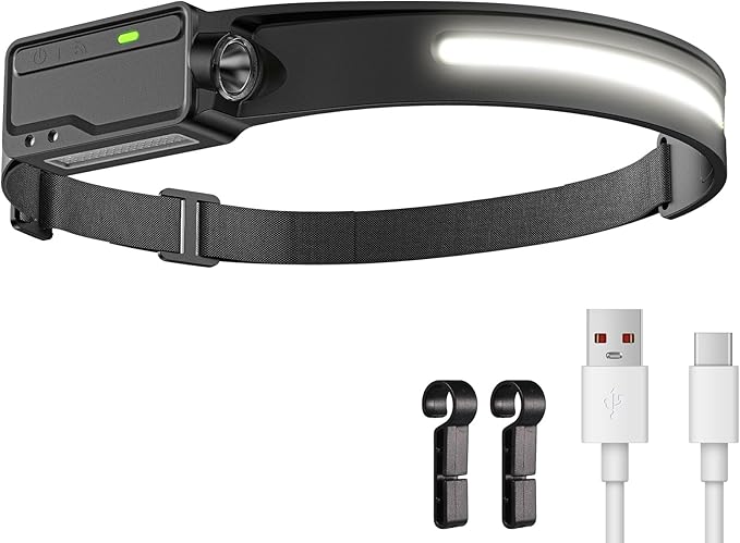 LED Headlamp Rechargeable Waterproof, Motion Sensor Hardhat Headlamp with Clips, 230°Wide Beam Head Lamp 6 Modes, for Adults, Kids, Camping, Running, Hiking, 1 Pack