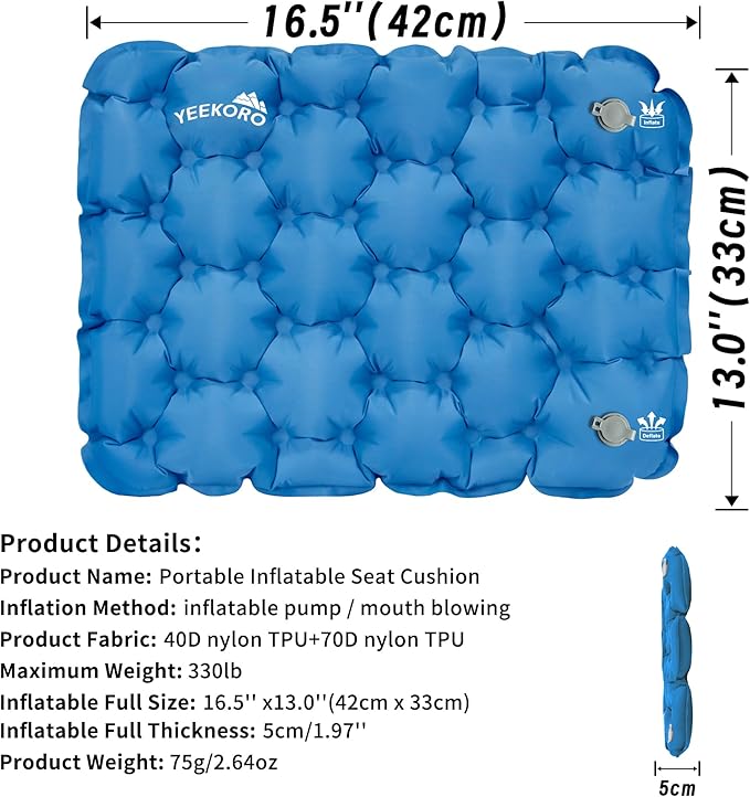 Inflatable Seat Cushion, Lightweight Camping Air Sitting Pad with Repair Cloths, Waterproof Air Cushion, Portable Air Seat Cushion for Climbing Hiking Office Airplane Car Stadium Seat