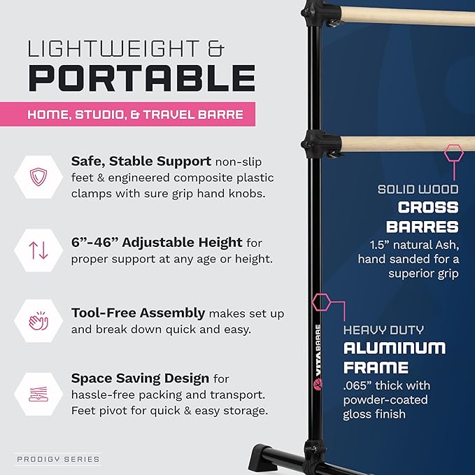 VITA Barre Portable Freestanding Double Ballet Barre, Prodigy, with Carry Bag | Adjustable Height, USA Made, Home or Gym Exercise Equipment for Kids & Adults | Dance, Fitness, Pilates