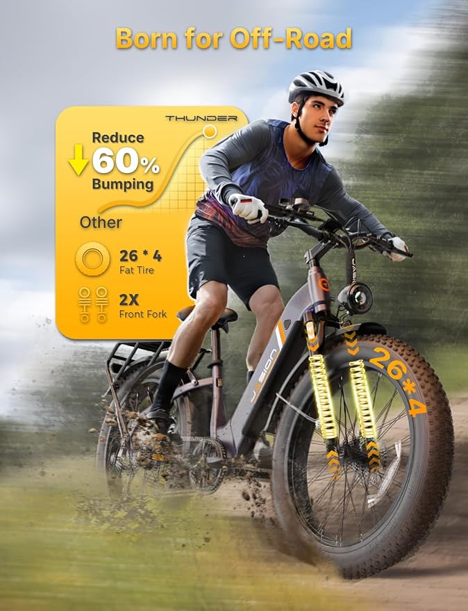 Jasion Thunder Electric Bike, 1500W Peak Motor, 30+MPH Max Speed & 80 Miles with 486Wh Removable Battery, APP Control Ebike for Adults, Hydraulic Brakes, Front Suspension, 26'' x 4'' Fat Tire Bicycles