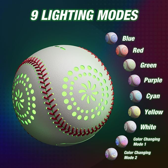Light up Baseball with LED Rechargeable, 9 Lighting Modes Glow in The Dark Baseball, Official Size Leather Weighted Baseballs for Day Night Indoor Outdoor, Sport Toys Games Gifts for Boys 8-12