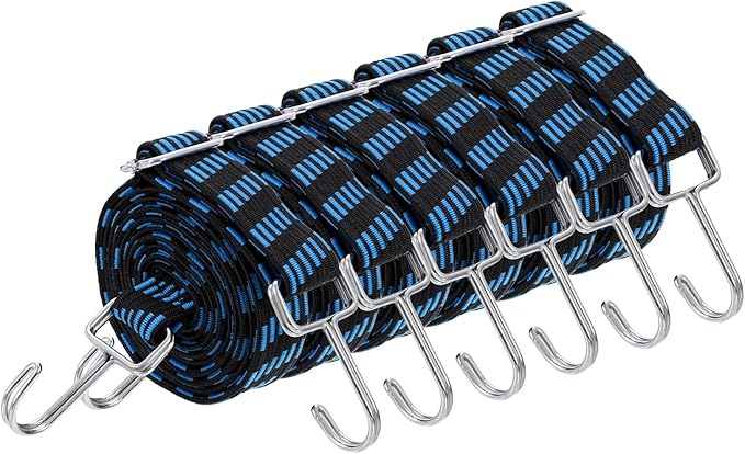 uxcell 6Pcs Adjustable Bungee Cords with Hooks, 79 Inch Flat Heavy Duty Elasticity Straps Rubber Bungee Cords with Buckle for Outdoor, Camping, Tarp, Bike Rack, Luggage, Black Blue