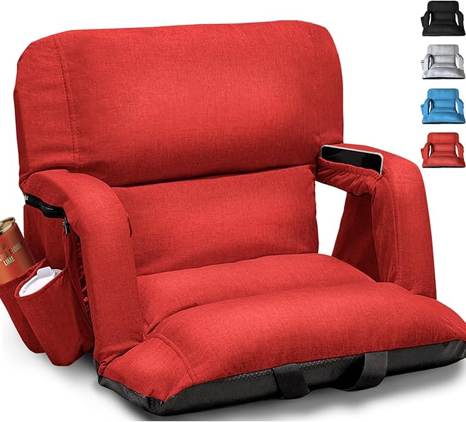 Wide Stadium Seats with Back Support, Exclusive Sofa Style Design Extra Thick Bleacher Chairs with Back and Cushion, 6 Reclining Positions - Ultimate Comfort for Sports Events (Red, 25")