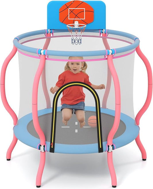 Goplus 48" Kids Trampoline, Indoor & Outdoor Toddler Trampoline with Basketball Hoop, Wide Backboard & Tall Enclosure Net, Kids Activity Center for Boys Girls 3-6, Max Load 330 lbs