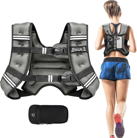 BAGAIL Weighted Vest, 5lbs/8lbs/10lbs/12lbs/15lbs/20lbs/25lbs/30lbs Weight Vest with Detachable Phone Pouch, Rucking Vest for Women, Men, Walking, Weight Loss, Training, Running