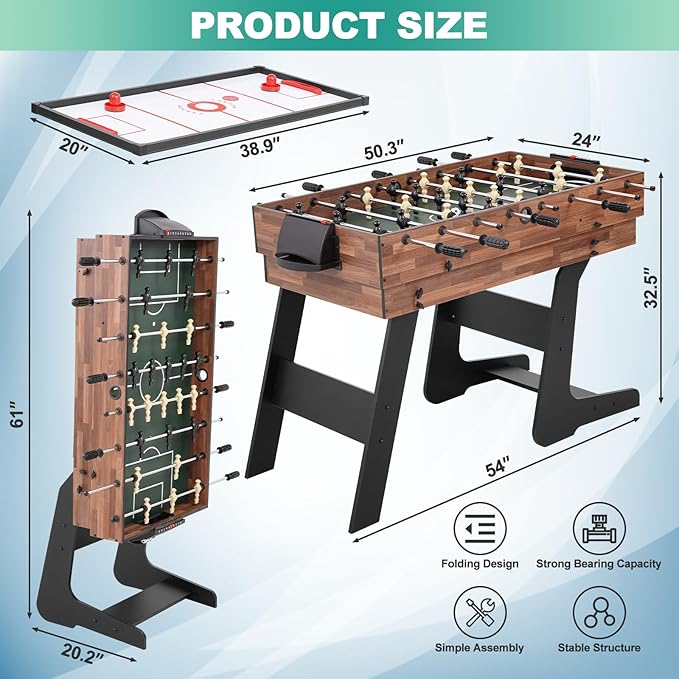 4-in-1 Multi Game Table, 54“ Foldable Combo Game Table Set with Ping Pong, Hockey, Pool Billiards and Foosball for Adults, Home, Game Room, Friends & Family（Dark Wood Grain）