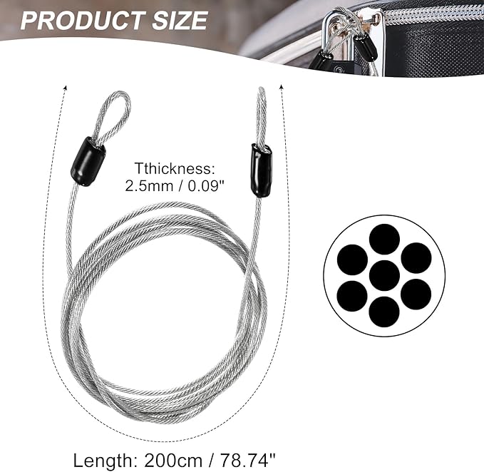 MECCANIXITY Security Steel Cable Lock, Safety Cable Flexible Wire Rope Luggage Lock 6.5feet 2.5mm Vinyl Coated Braided Steel with Double Loop for Bike Bicycle U-Lock Padlock Transparent