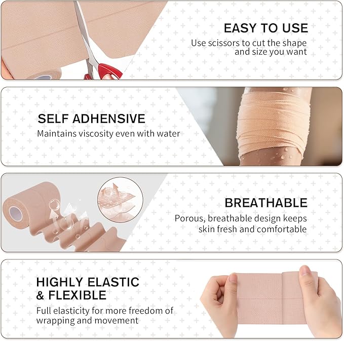 4 Rolls Elastic Tape, Breathable Self Adhesive Bandage Wrap, Flexible Stretch Bandages for Sports Wrists Sprains Knees Ankles, for Animals and Pets, 5 Yards (3 Inch in Width)