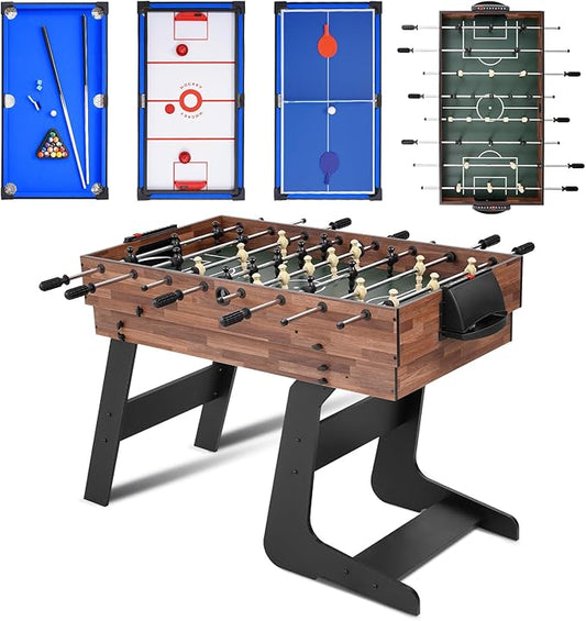 4-in-1 Multi Game Table, 54“ Foldable Combo Game Table Set with Ping Pong, Hockey, Pool Billiards and Foosball for Adults, Home, Game Room, Friends & Family（Dark Wood Grain）