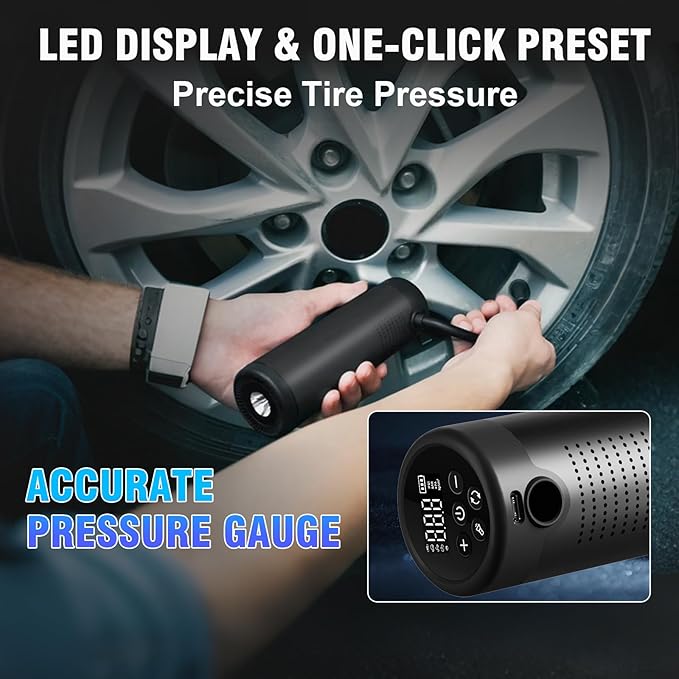 Tire Inflator Portable Air Compressor, 6X Cordless Air Pump for Car Tires with Pressure Gauge, Battery Power Bike Tire Pump, 150PSI Portable Tire Inflator for Car, Motorcycle, Bicycle, Ball