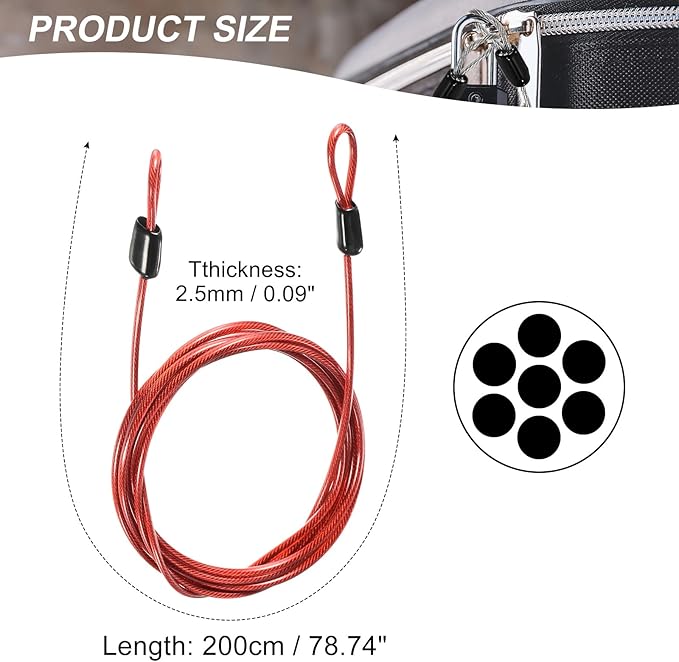 MECCANIXITY Security Steel Cable Lock, Safety Cable Flexible Wire Rope Luggage Lock 6.5feet 2.5mm Vinyl Coated Braided Steel with Double Loop for Bike Bicycle U-Lock Padlock Red