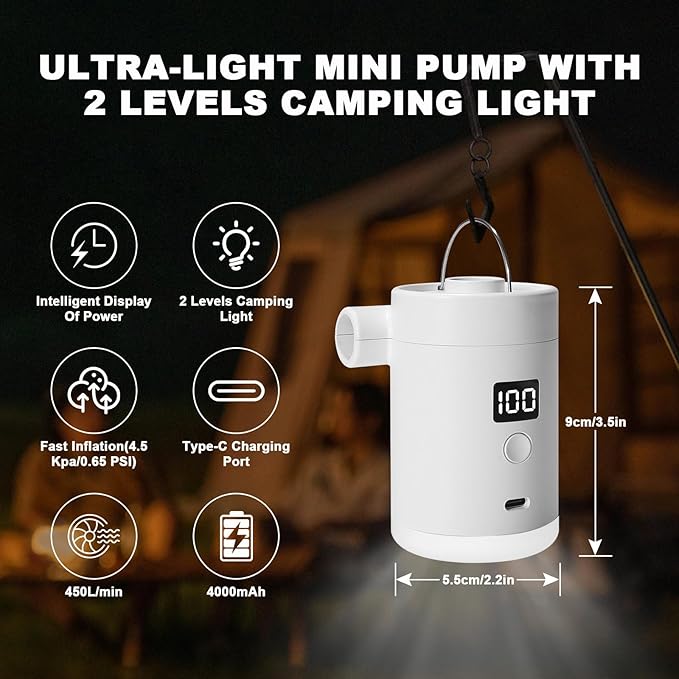Portable Air Pump for Inflatables: Type-C Rechargeable with 4000mAh Battery Lightwight Ultra-Fast Inflate Deflate Electric Air Pumps with Camping Light for Sleeping Pads, Pool Toys, Floats