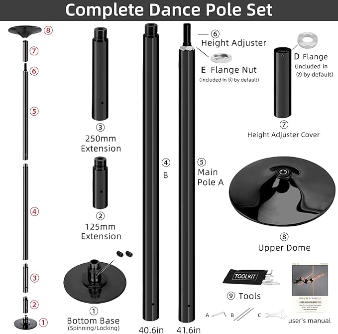 PRIOR FITNESS Premium Dance Pole Removable 45mm Spinning & Static Dancing Pole Heavy-Duty Steel Pole Dancing Pole, Adjustable Height Professional Grade Excellent for Home Exercise Club Gym