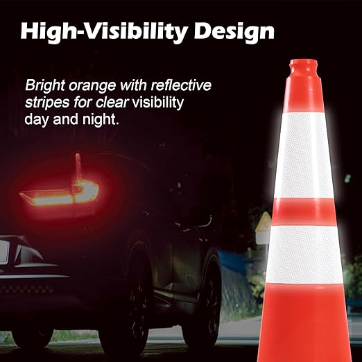 4 Pack 28" Traffic Cones – Durable Orange PVC Safety Cones with Reflective Collars for Parking, Construction, Roadwork & Driving Practice