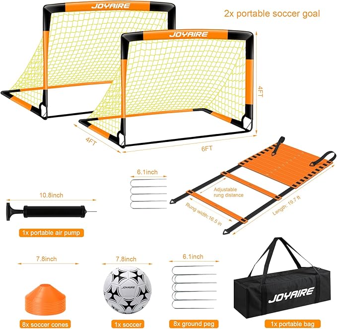 Kids Soccer Goals for Backyard Set, Portable Toddler Soccer Goal 2 of 6x4 ft, 4x3 ft, 7x5 ft, Soccer Training Equipment, Pop Up Soccer Net Kit with Size 4 Soccer Ball, Outdoor Sports Play, Youth Game