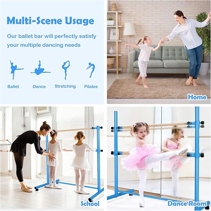 GOFLAME Double Ballet Barre Portable, 47” Freestanding Dancing Barre with 5 Adjustable Heights, Beech Wood Ballet Bar, Fitness Stretching Dancing Bar for Home, Gym, Dancing Room