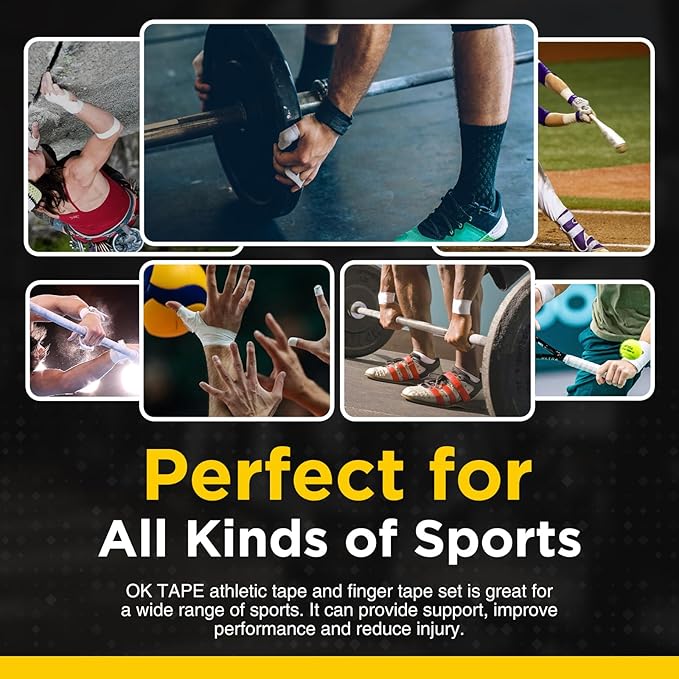 OK TAPE Athletic Tape Finger Tape, Extra Strong Adhesive Sports Tape for Weightlifting, Climbing, Basketball, Volleyball, White 3 Rolls 1.5" x 15yds and 1 Roll 0.5in x 15yds
