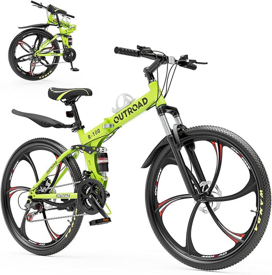 26 Inch Folding Mountain Bike, 21 Speed Full Suspension Bicycle with High-Carbon Steel, Dual Disc Brake Non-Slip Quick Release tire Folding Bicycle for Adults/Men/Women