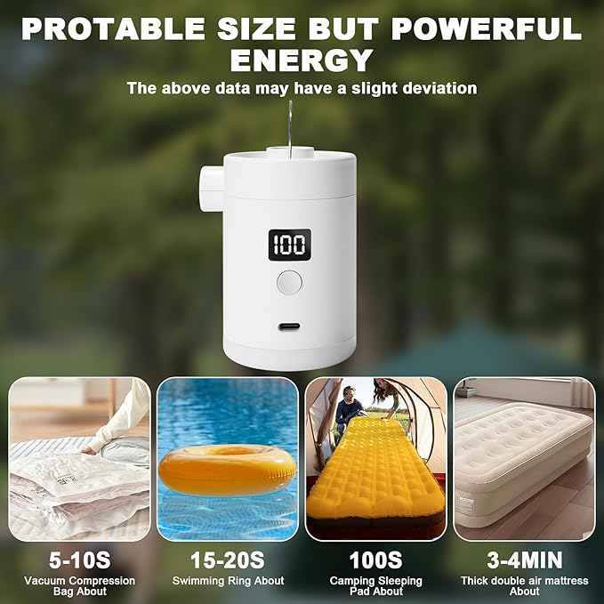 Portable Air Pump for Inflatables: Type-C Rechargeable with 4000mAh Battery Lightwight Ultra-Fast Inflate Deflate Electric Air Pumps with Camping Light for Sleeping Pads, Pool Toys, Floats