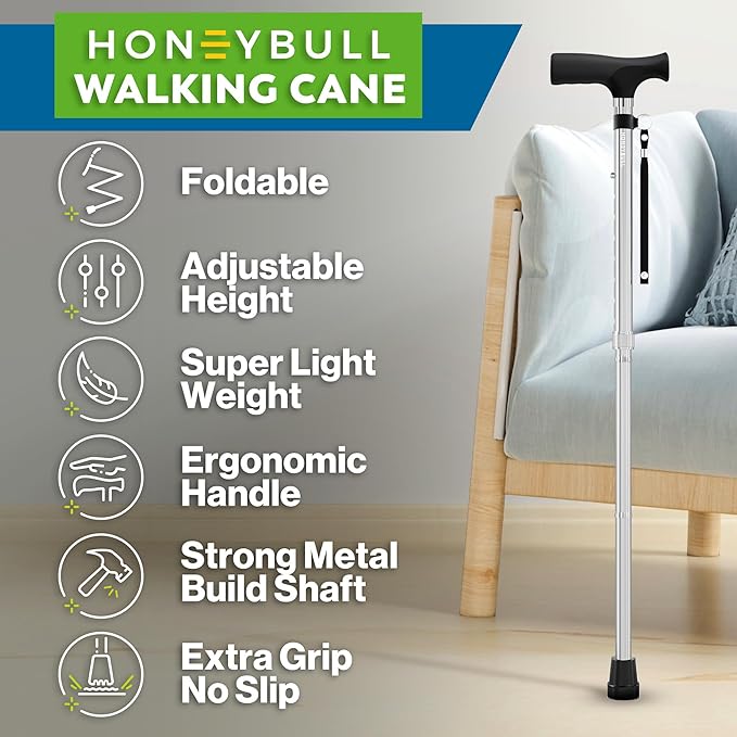 HONEYBULL Foldable Walking Cane for Seniors & Adults – Adjustable 8 Height Settings 30-37", Lightweight Collapsible Cane with Air Cushion Tip, Ergonomic Comfort Grip & Wrist Strap