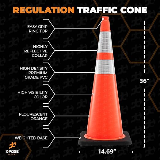 Xpose Safety 36 Inch Orange Traffic Cones with 6" & 4" Collars, 8-Pack - Multipurpose PVC Plastic Safety Cone for Parking, Soccer, Caution, Kids and Construction - DOT Approved