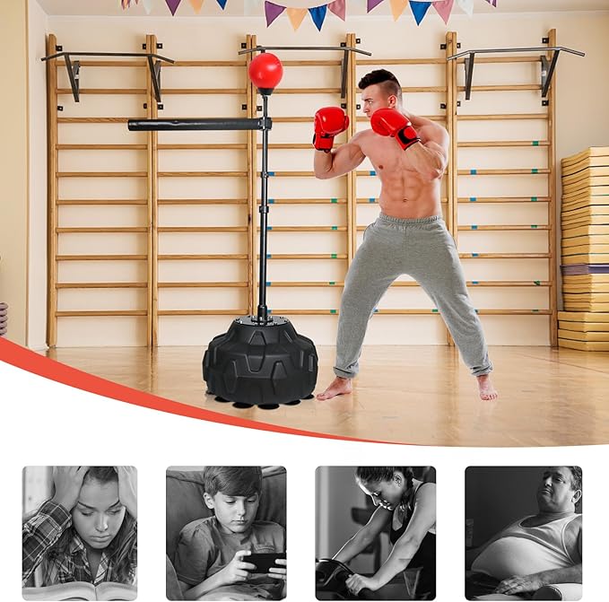 Solid Refle Bag Boxing Speed 45-80in Trainer Punching Bag Spinning Bar Training Boxing Ball with Reflex Bar Free Standing Adjustable Height for Adult Youth Red