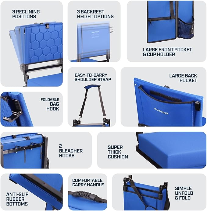 Folding Reclining Stadium Seats with Back Support for Bleachers, Bleacher Chairs with Back and Cushion Seating for Football, Camping Chair, Kayak Seat, Canoe, Paddle Board, Concerts, & Sports Events