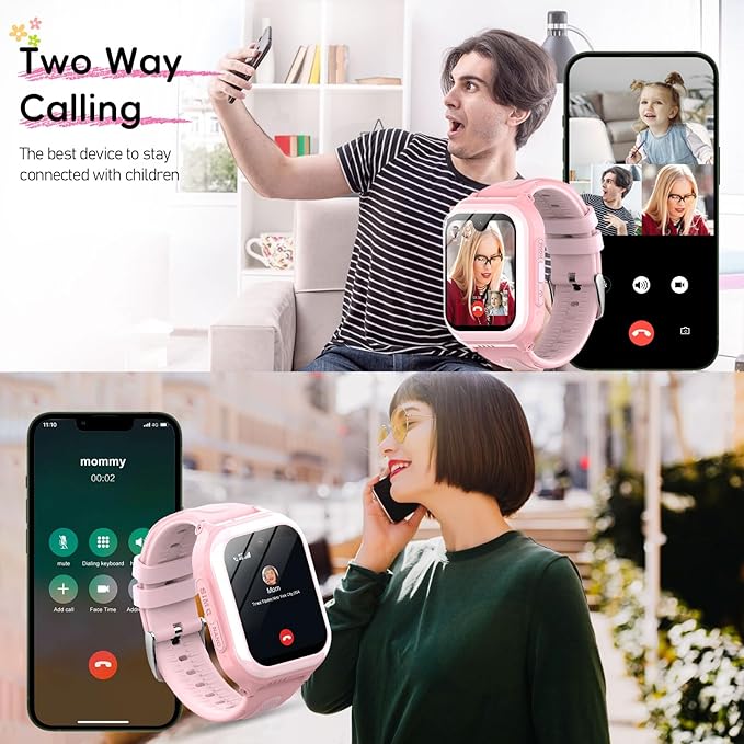 Wonlex 4G GPS Smartwatch for Kids, 1.78" AMOLED Touchscreen Phone Watch with SIM Card, Video Calls, Voice Chat, SOS, Camera, Music, Pedometer, Game, Birthday Gift for Girls Boys Ages 8-15(Pink)