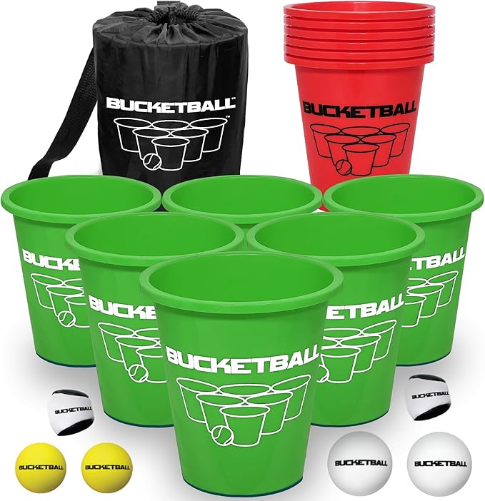 BucketBall | Team Color Edition | Combo Pack (Green/Red): Original Yard Pong Game: Best Camping, Beach, Lawn, Outdoor, Family, Adult, Tailgate, Jumbo, Giant Game