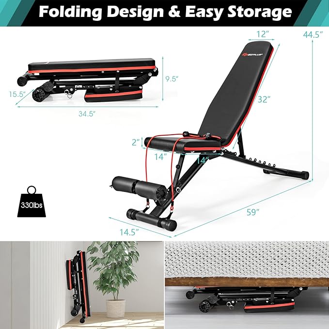 Goplus Adjustable Utility Weight Bench, Multifunctional Dumbbell Bench w/High Elastic Ropes for Strength Training, Max Weight 330lbs, Foldable Flat/Incline/Decline Bench Press for Home Gym Weightlifting